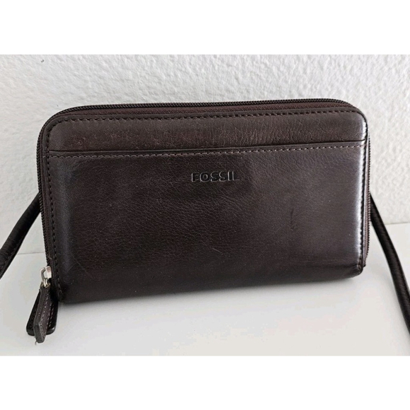 Vintage FOSSIL Dark Brown Leather Crossbody Purse Wallet Organizer - Very Clean - Picture 14 of 15